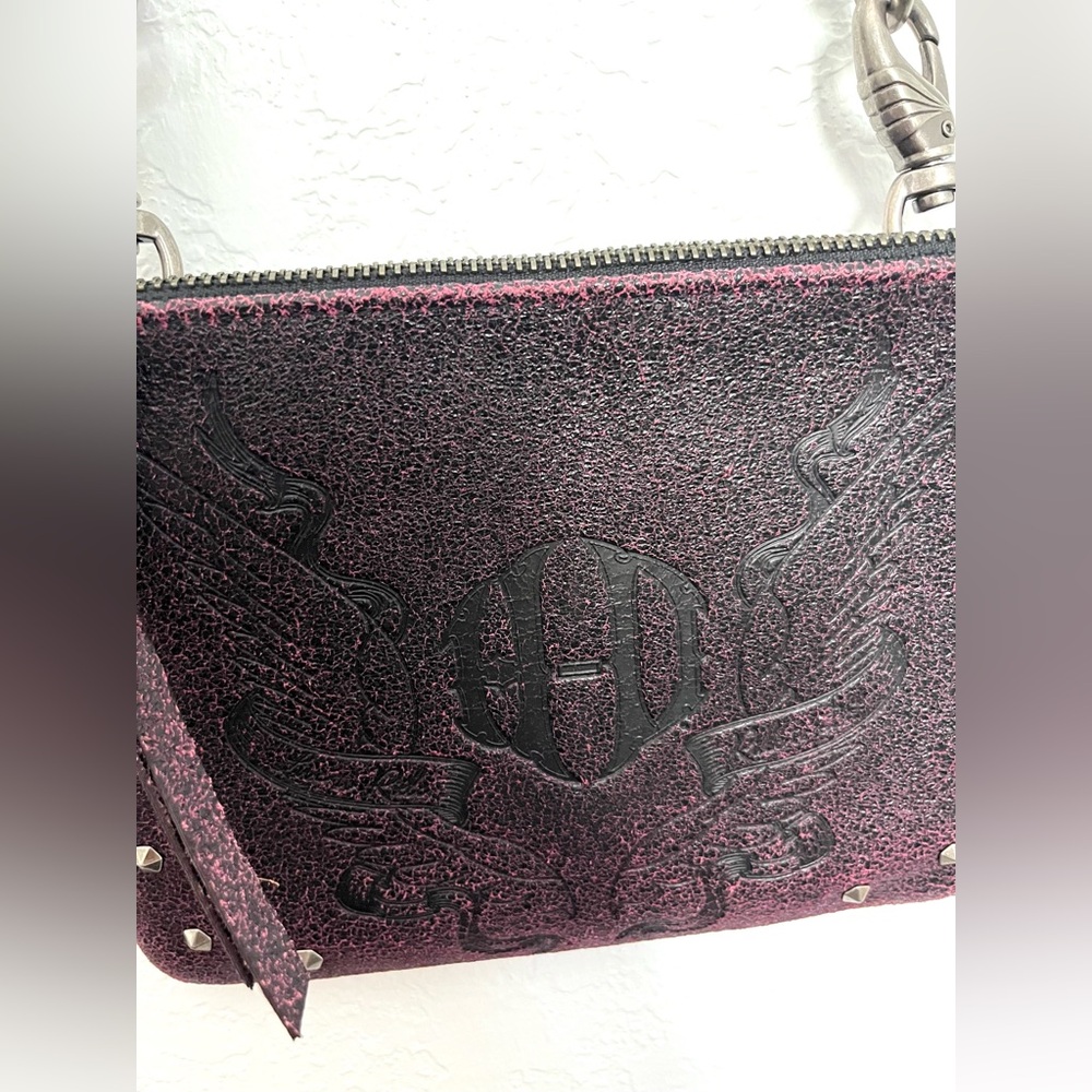 HD BIKER BAG all leather deep purple black distressed studded convertible bag - Picture 4 of 13